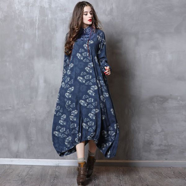 

ethnic clothing johnature autumn fashion floral print stand plate buckle plus size dress casual retro long sleeve irregular women xy0q, Red