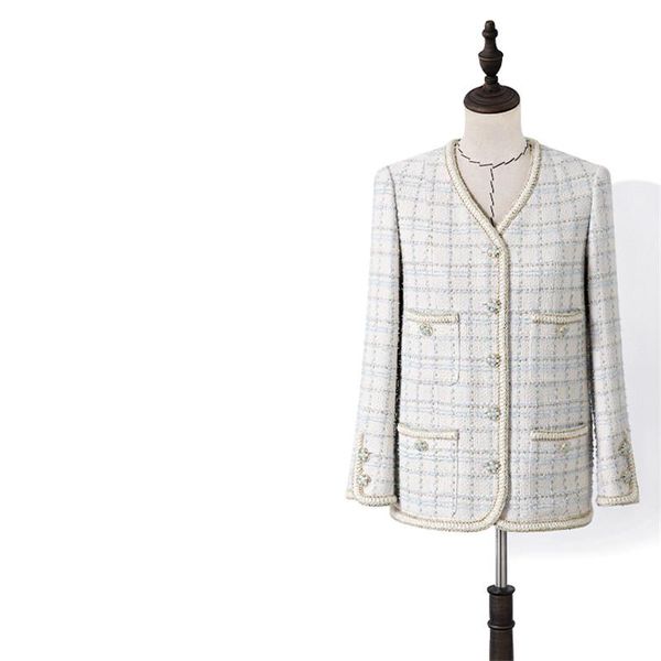 

women's jackets handmade luxury wool jacket for women vintage v neck blue plaid tweed single breasted coat, Black;brown