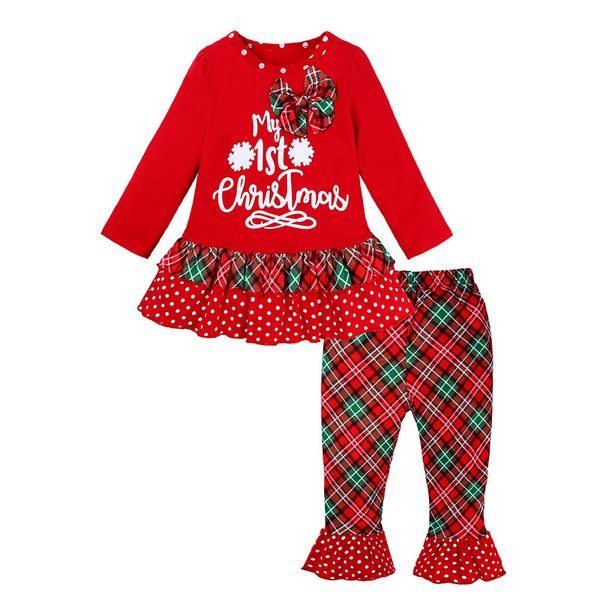 Weihnachtskostüm für Kleinkind Mädchen mein erstes Weihnachtsredeer Tuch Outfit Lange Ärmel Rotes Hemd + Gestreifte karierte Pants 210413