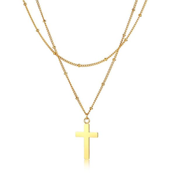 

pendant necklaces beautiful & simple female cross gold color titanium steel double layers beads chain necklace jewelry women, Silver