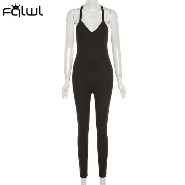 

2021fqlwl summer streetwear one piece outfit jumpsuits women romper backless ribbed sleeveless black gray bodycon jumpsuit female, Black;white