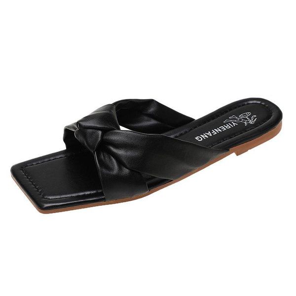 

slippers open-toe women's solid color simple and casual all-match cross vamp fashion flat-bottom elegant 2021, Black