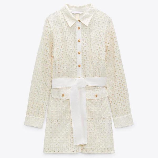 

casual dresses spring summer women hollow mini shirt dress chic embroidery with belt long sleeve party ladies, Black;gray