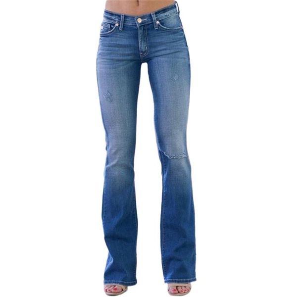 

women's jeans women button high waist pocket elastic hole trousers ladies clothes wide leg denim clothing, Blue