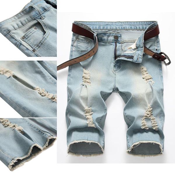 

men's jeans straight loose large size five-point pants ripped sports denim shorts summer thin, Blue