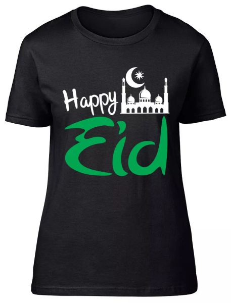 

happy eid green womens ladies fitted t-shirt, White;black