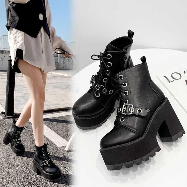

boots dark punk platform shoes 2021 ins thick heeled muffin gothic buckle motorcycle, Black
