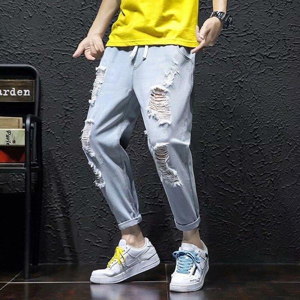 

summer 2021 denim teenagers ripped hole loose casual pants increase leg jeans men's trousers ankle length harem men's, Blue
