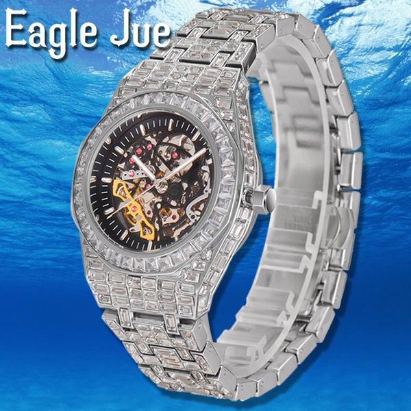 

wristwatches hip hop eagle jue automatic machinery men's watch platinum original stainless steel ice out, Slivery;brown