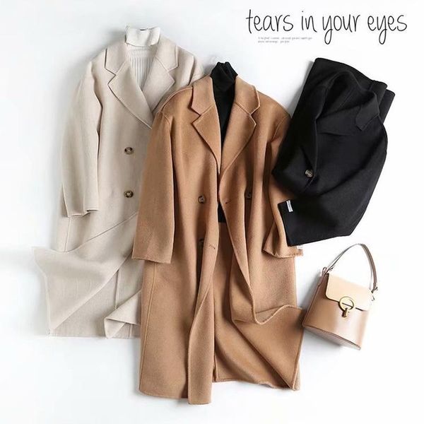 

women's wool & blends foreign trade clothing 2021 autumn suit lapel double row button coat fashion double-sided ni, Black