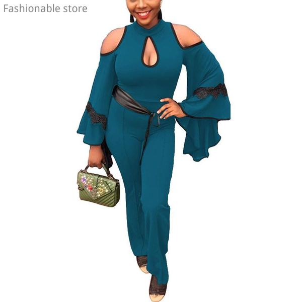

women's jumpsuits & rompers women hollow out flare sleeve lace patchwork bodycon solid color lace-up elegant, Black;white