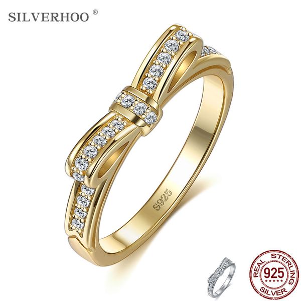 

silverhoo silver 925 rings women kpop style bow-knot ring female 5a cubic zirconia wedding fine jewelry gift for girlfriend, Slivery;golden