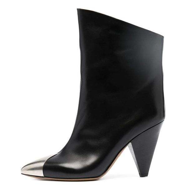 

boots autumn ankle for women leather slip-on cowboy metal pointed toe spike high heels shoes winter botas de mujer, Black