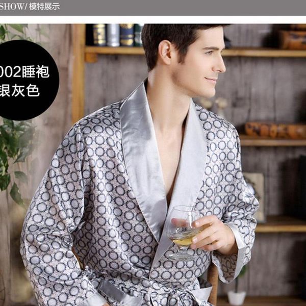 

satin silk men's printed sleepwear bathrobe high-quality nightwear lingerie navy-blue nightgown pajama sleep robe 4xl 5xl, Black;brown