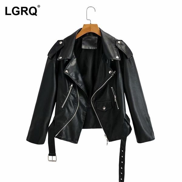 

women's leather & faux [lgqr] belt biker loose pu leatherl jacket lapel long sleeve women zipper design coat fashion spring autumn 2021, Black