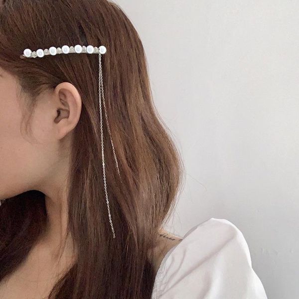 

korean long chain tassel pearl hair clips for women 2021 fashion crystal barrettes female accessories, Slivery;white