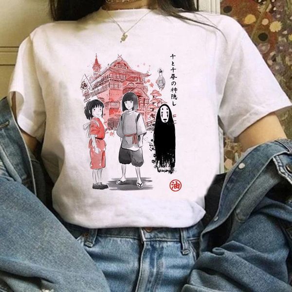

cartoon totoro thousand and chihiro womens t shirt v neck printed studio ghibli japanese anime graphics harajuku, White