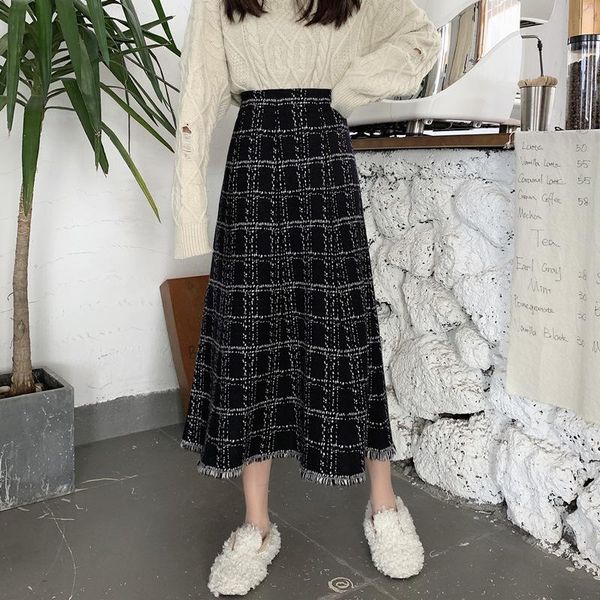 

autumn & winter arrival elastic high waist slim black plaid tassel temperament women a-line long skirt skirts