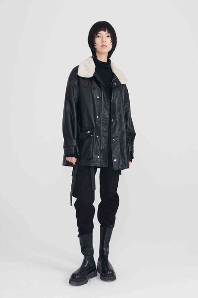 

women's leather & faux leather jacket, women's jackets, jackets of synthetic , warm and thick wool with cordon, for autumn xyv5, Black