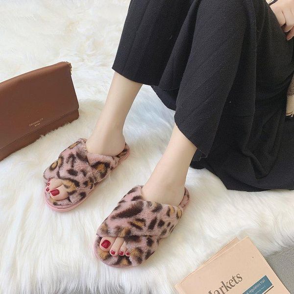 

slippers 2021 winter women's leopard round toe casual flat heels flock all-match 36-41, Black
