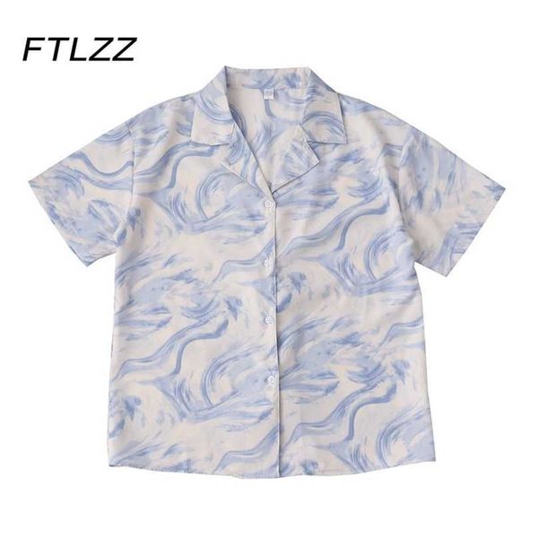 

women loose blouse fashion summer korean vintage oil painting printing woman streetwear button shirts 210525, White