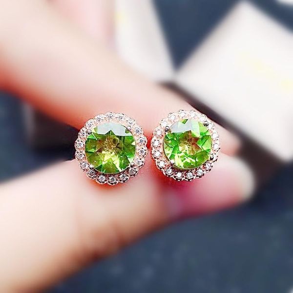 

stud natural real green peridot round earring 8*8mm 2ct*2pcs gemstone 925 sterling silver per jewelry fine x21694, Golden;silver