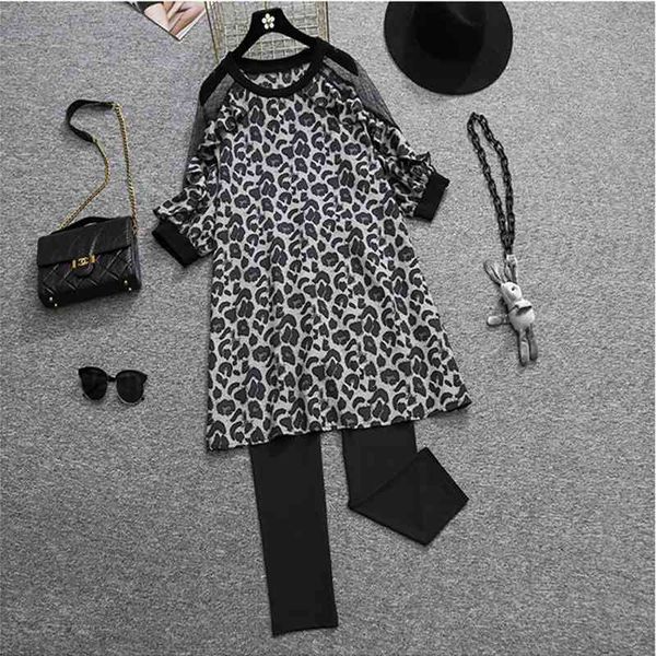 

summer leopard print net yarn stitching chiffon a-line tshirt dress and elastic leggings 2 piece set women 210525, White