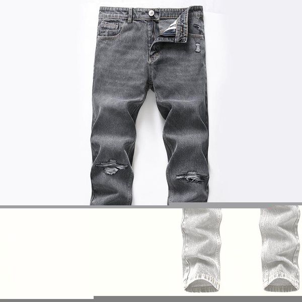 

men's jeans men gray pants slim zipper straight denim gentleman hole trousers, Blue