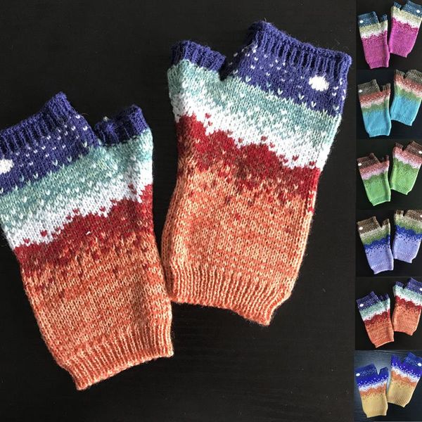 

five fingers gloves handmade women moon print warm wool knitted winter half finger embroidery, Blue;gray