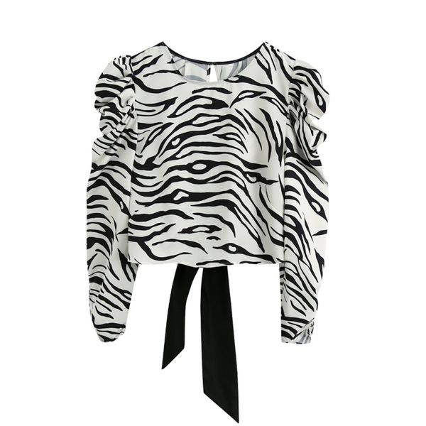 

women zebra-stripe print puff sleeve short shirt vintage femme back fork bow blouse casual lady loose smock blusas s8012 210730, White