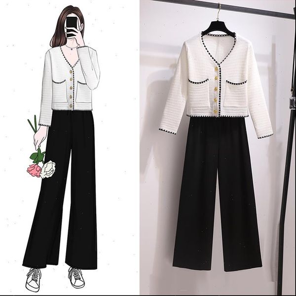 

knitted sets spring autumn womens tracksuits two pieces set v neck cardigan elastic ankle length wide leg pants, Gray