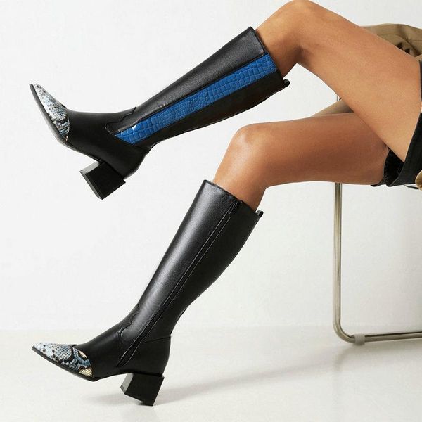 

boots 2021 autumn winter women knight fashion zipper knee high ladies mixed colors low heel square toe shoes big size 44, Black