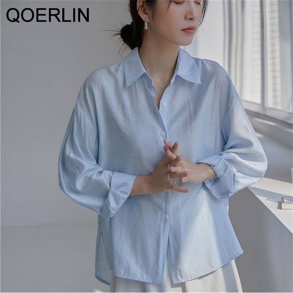 

summer women blue blouse long sleeve simple shirts office lady female single breasted turn down collar blouses 210601, White