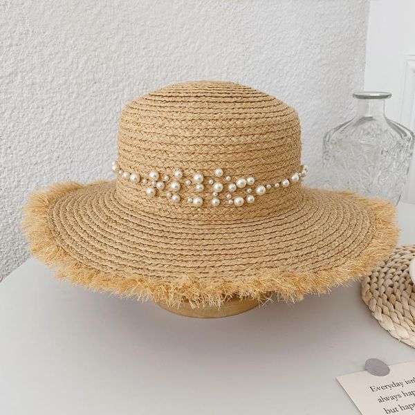 

wide brim hats straw hat beach holiday women's korean pearl sun unique woven, Blue;gray