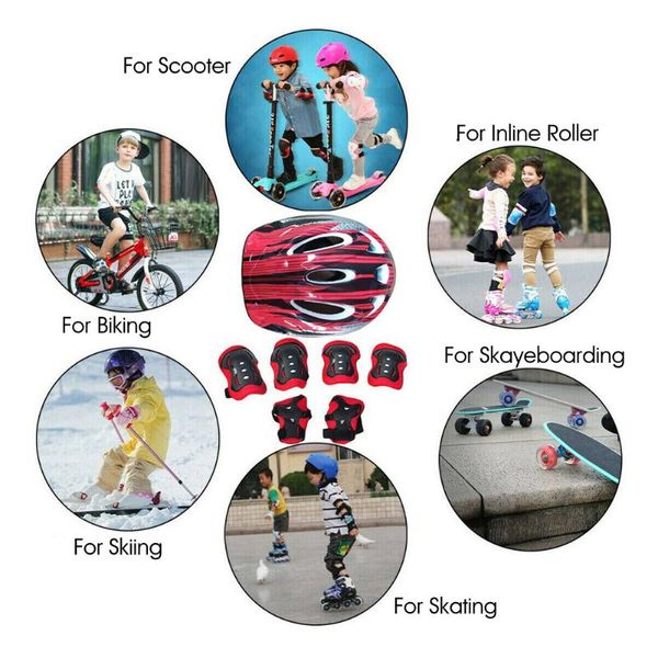 

elbow & knee pads 7pcs kids girls boys skating cycling protective gear outdoor skateboard bicycle helmet wrist guard pad set, Black;gray