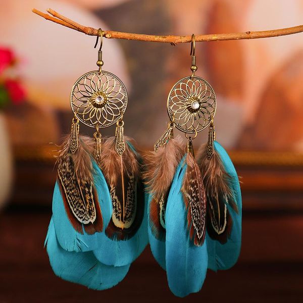 

dangle & chandelier ethnic style feather hanging earrings 2021 trend bohemian vintage hollow sunflower long tassel woman jewelry, Silver