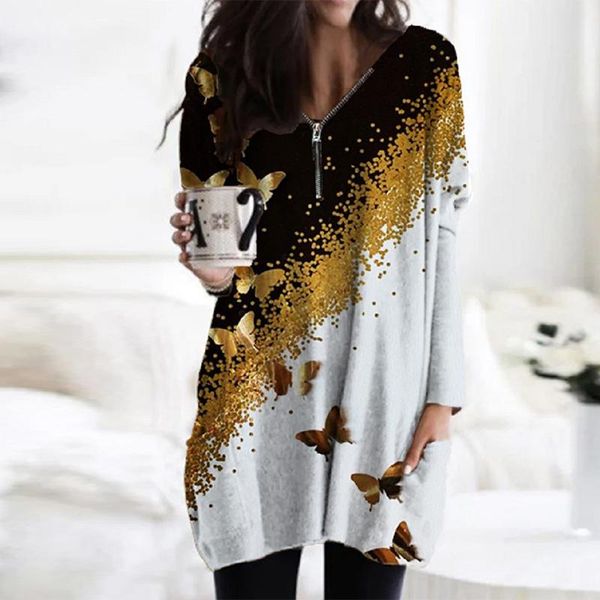 

women's blouses & shirts spring autumn pocket women pullover female retro dandelion print long shirt blouse casual zip v neck loose bl, White