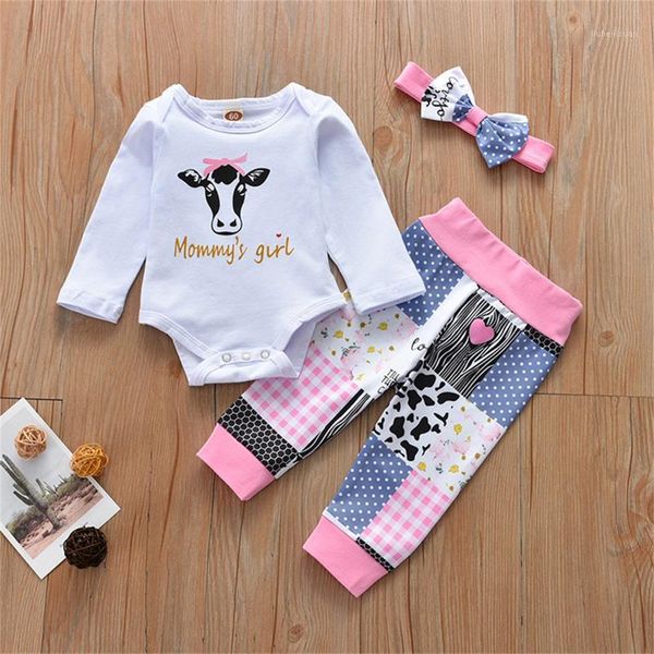 

clothing sets toddler infant baby girl cartoon letter romper +print pants+hairband outfits1, White