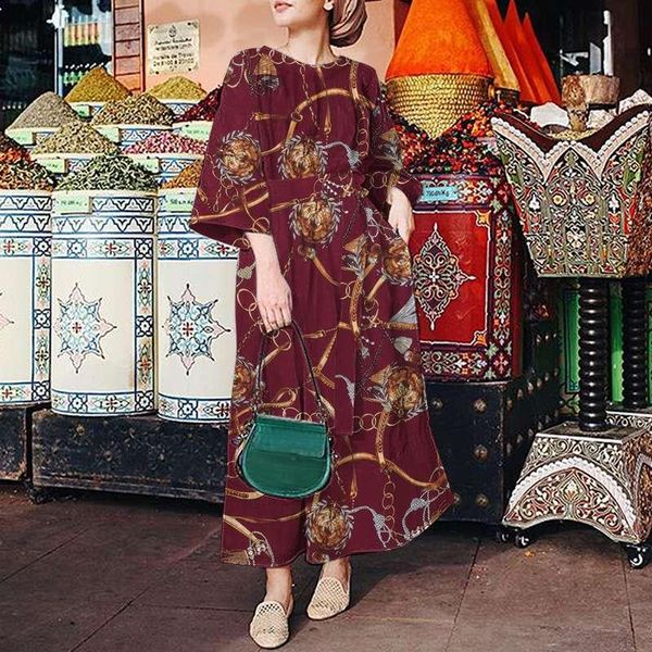 

casual dresses fashion women 3/4 sleeve long dress celmia chain printed maxi elegant office lady flare bandage vestidos, Black;gray