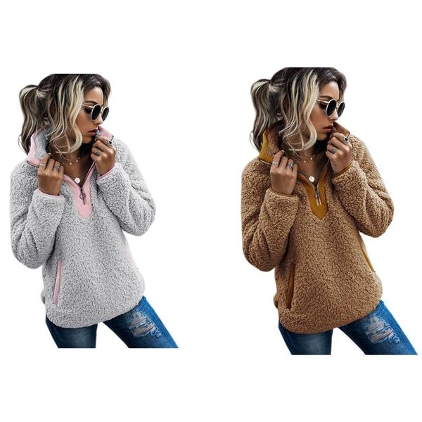 

women's sweaters 2 pcs sherpa sweater teddy fleece pullover half zipper female warm coat  size, gray & camel, White;black