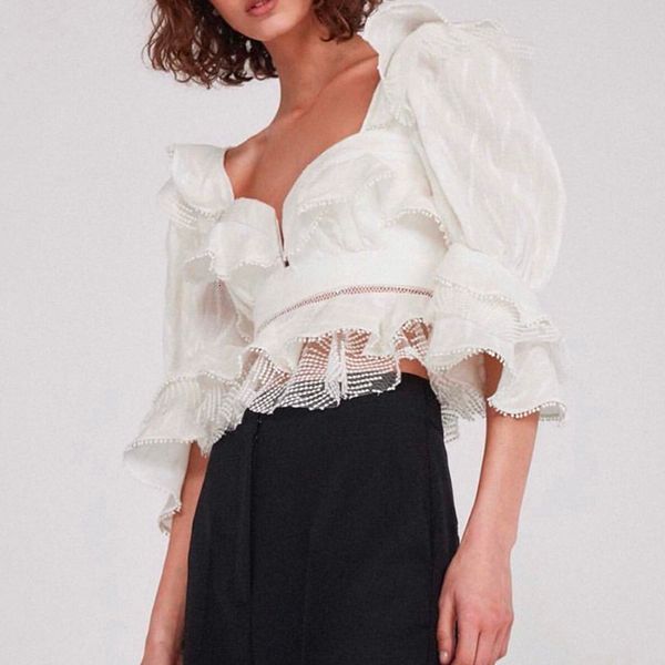 

twotwinstyle ruffle lace blouse women white shirt 2021 autumn ladies square neck puff sleeve korean fashion clothing