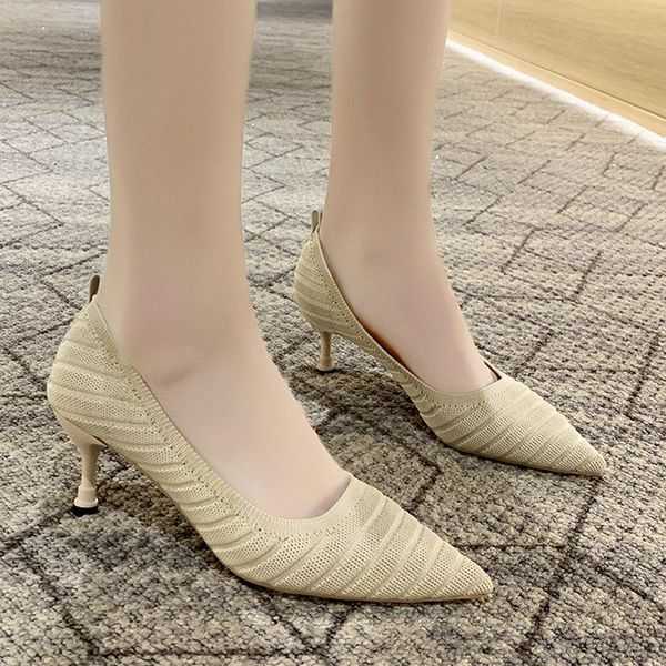 

dress shoes 2021 concise spring/autumn ladies pumps women's pointed toes high heels knitting woman comfort daily, Black