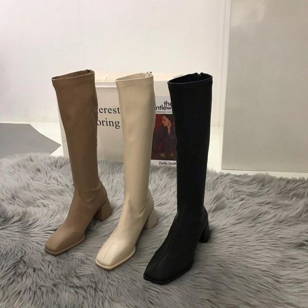

boots designer square toe chunky women shoes 2021 autumn winter motorcycle ankle snow warm goth knee high fashion gladiator botas lady, Black