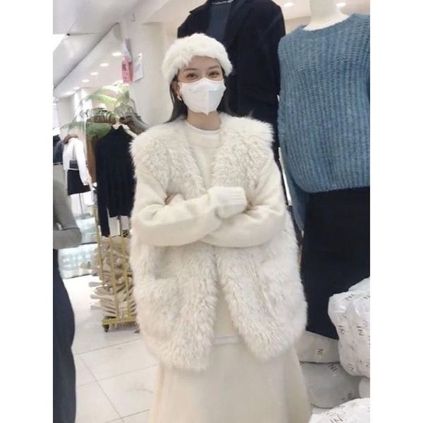 

women's fur & faux women 2021 autumn winter vest sleeveless coat female lamb warm jackets ladies casual solid color v neck waistcoat a6, Black