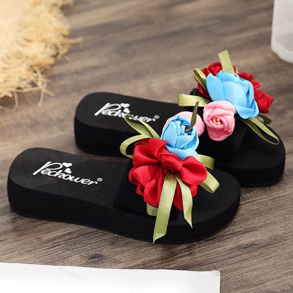 

slippers ladies fashion bohemian platform women casual summer thick bottom beach flower rose decor flat, Black