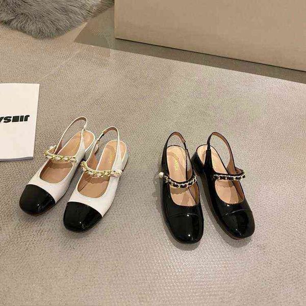 

sandals 2022 designer fashion chain pearl thick heeled sandals women creative color matching high heels princess shoes 220303, Black