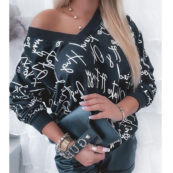 

women's hoodies & sweatshirts mandylandy women long sleeve printing oblique shoulder letter autumn loose pullovers, Black