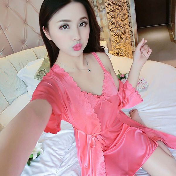 

bathrobe summer thin ice silk suspender nightgown two piece suit bathrobe