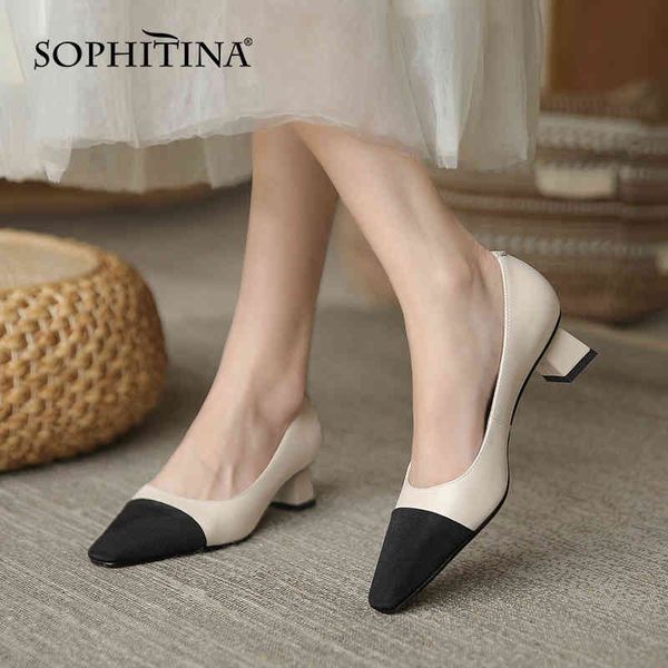 

sophitina office lady shoes genuine leather stitching female shoes spring non-slip tpr square toe thick heel women's pumps ao109 210513, Black
