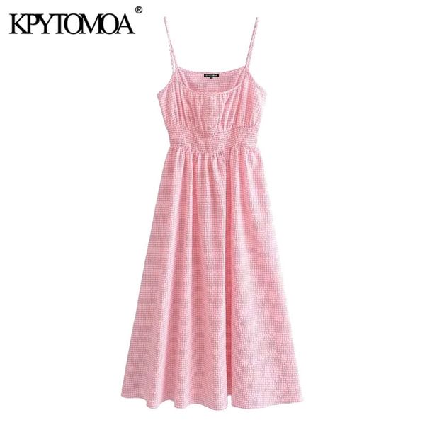 

women chic fashion with buttons plaid pleated midi dress elastic waist thin straps female dresses vestidos 210420, Black;gray